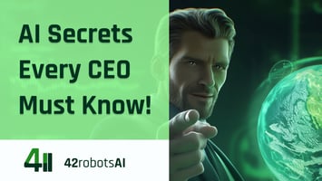 AI secrets for CEOs: Futuristic executive interacts with a holographic globe, highlighting the global impact of AI. 42robots AI provides advanced artificial intelligence solutions and insights for business leaders.