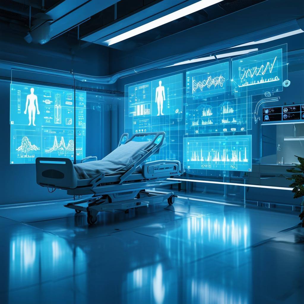 A futuristic hospital setting with AIpowered systems analyzing patient data in realtime, visualized as dynamic holographic charts and graphs showing p