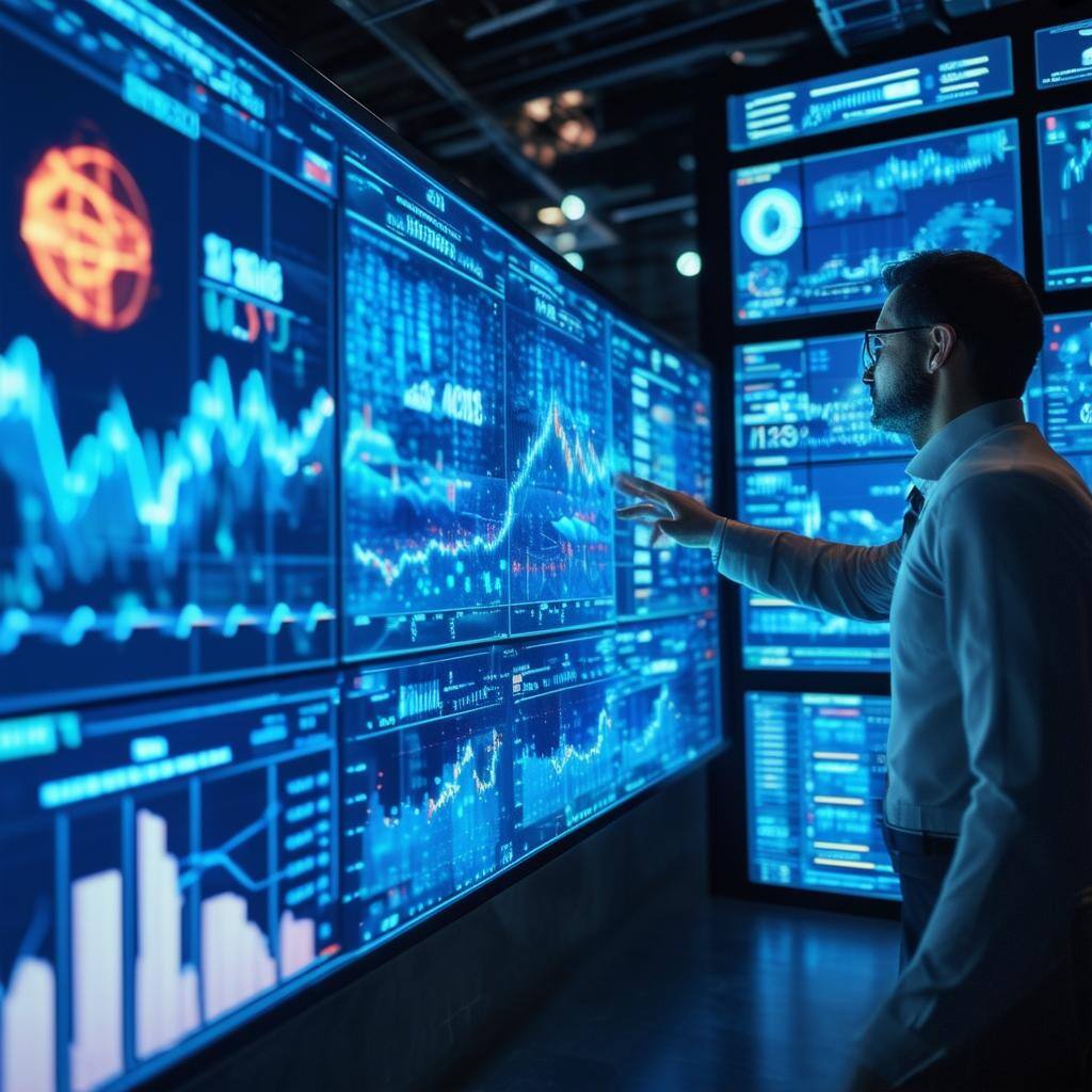 A futuristic stock trading floor with AIpowered holographic screens displaying market trends, graphs, and predictions, with a professional trader inte