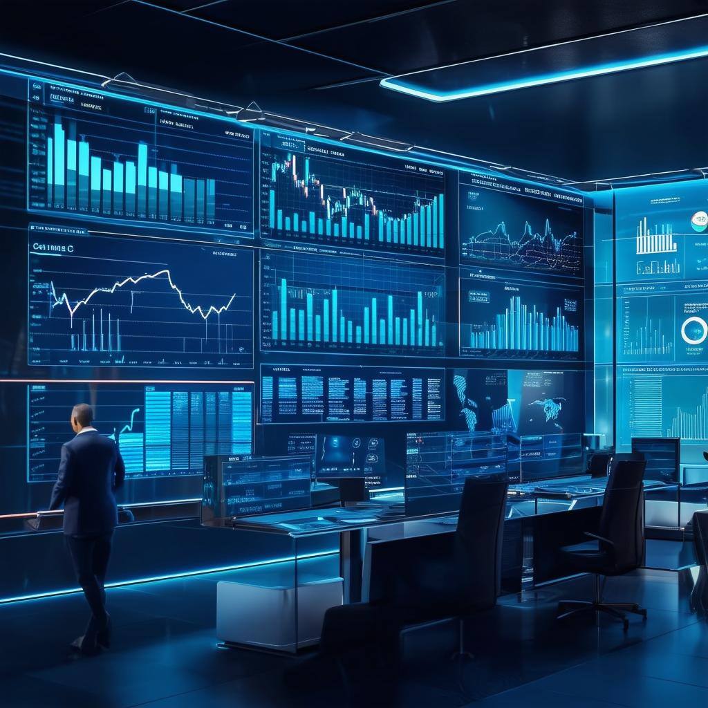 A sleek banking environment with advanced AI interfaces displaying predictive financial graphs, risk analysis, and trend projections, emphasizing prec