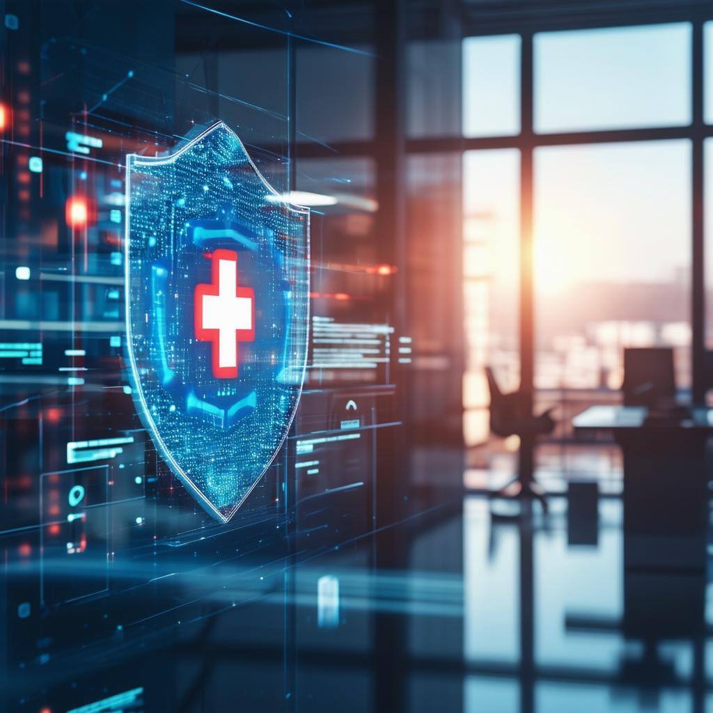 A sleek office environment showcasing advanced AI software detecting fraud patterns with a shield and hospital symbol A sleek office environment showcasing advanced AI software detecting fraud patterns with a shield and hospital symbol