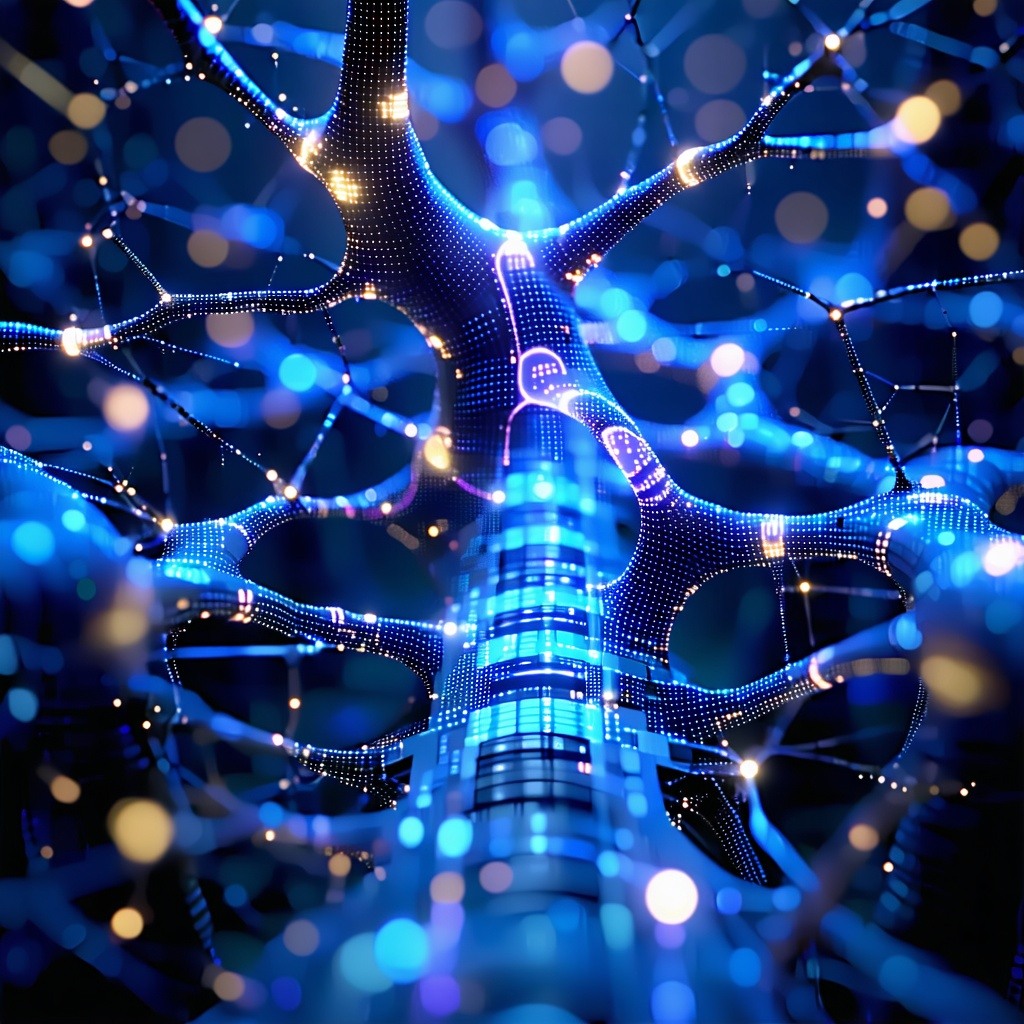 Complex neural network with deep layers of connections, glowing pathways, and AIdriven computations in a futuristic digital space Complex neural network with deep layers of connections, glowing pathways, and AIdriven computations in a futuristic digital space