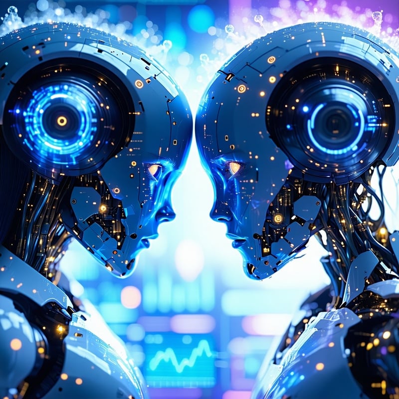 Dstyle image of two AI modelsScout and Maverickin a semidramatic faceoff pose with Scout glowing with flowing data and Maverick surrounded by performance graphs and neural network visuals Tech lab background with a futuristic interface feel Cool blue-2