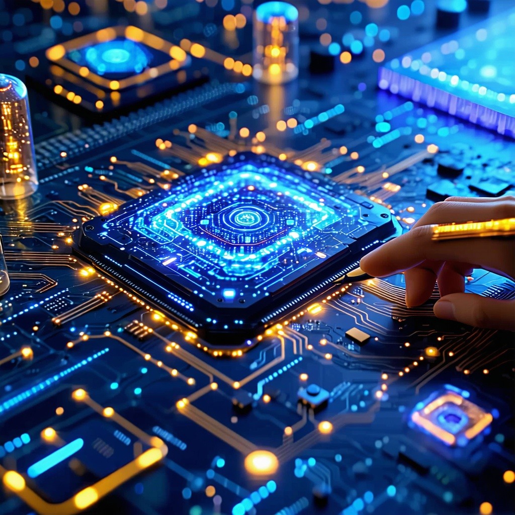 Futuristic digital interface with glowing circuits and AIdriven software elements, representing custom AI software solutions Futuristic digital interface with glowing circuits and AIdriven software elements, representing custom AI software solutions
