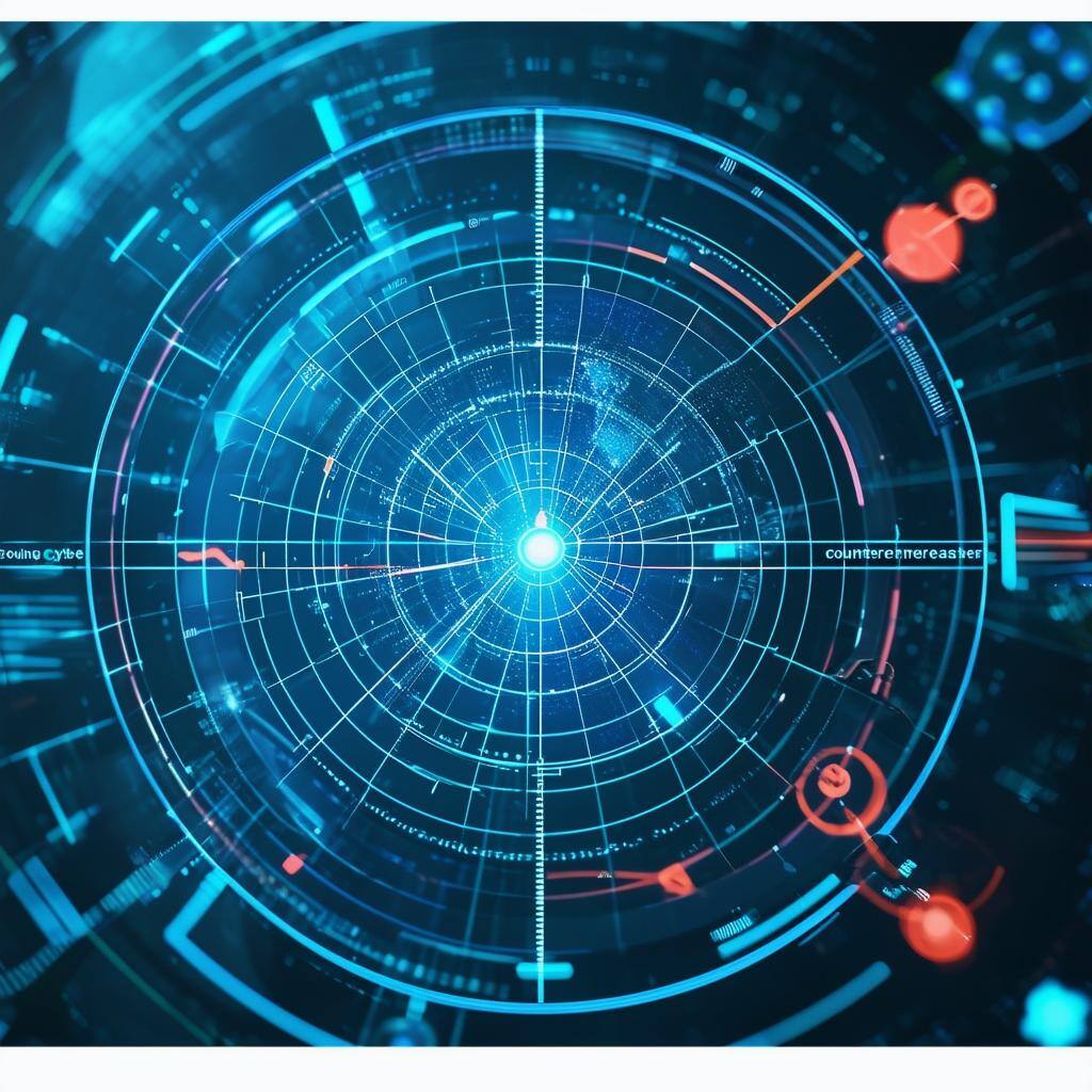 Please generate image A hightech radarlike interface showing evolving cyber threats and countermeasures in real time, emphasizing a forwardlooking str-2