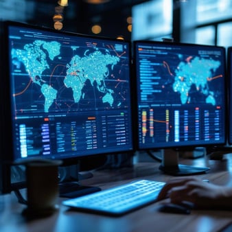 Realtime monitoring dashboard with multiple screens showing global financial transactions, highlighting instant AI anomaly detection