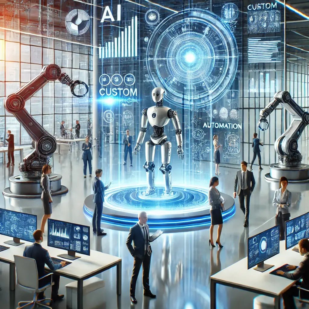 DALL·E 2025-01-17 18.17.50 - A futuristic business environment showcasing the integration of custom AI automation. The scene includes advanced robotic arms, holographic interfaces DALL·E 2025-01-17 18.17.50 - A futuristic business environment showcasing the integration of custom AI automation. The scene includes advanced robotic arms, holographic interfaces