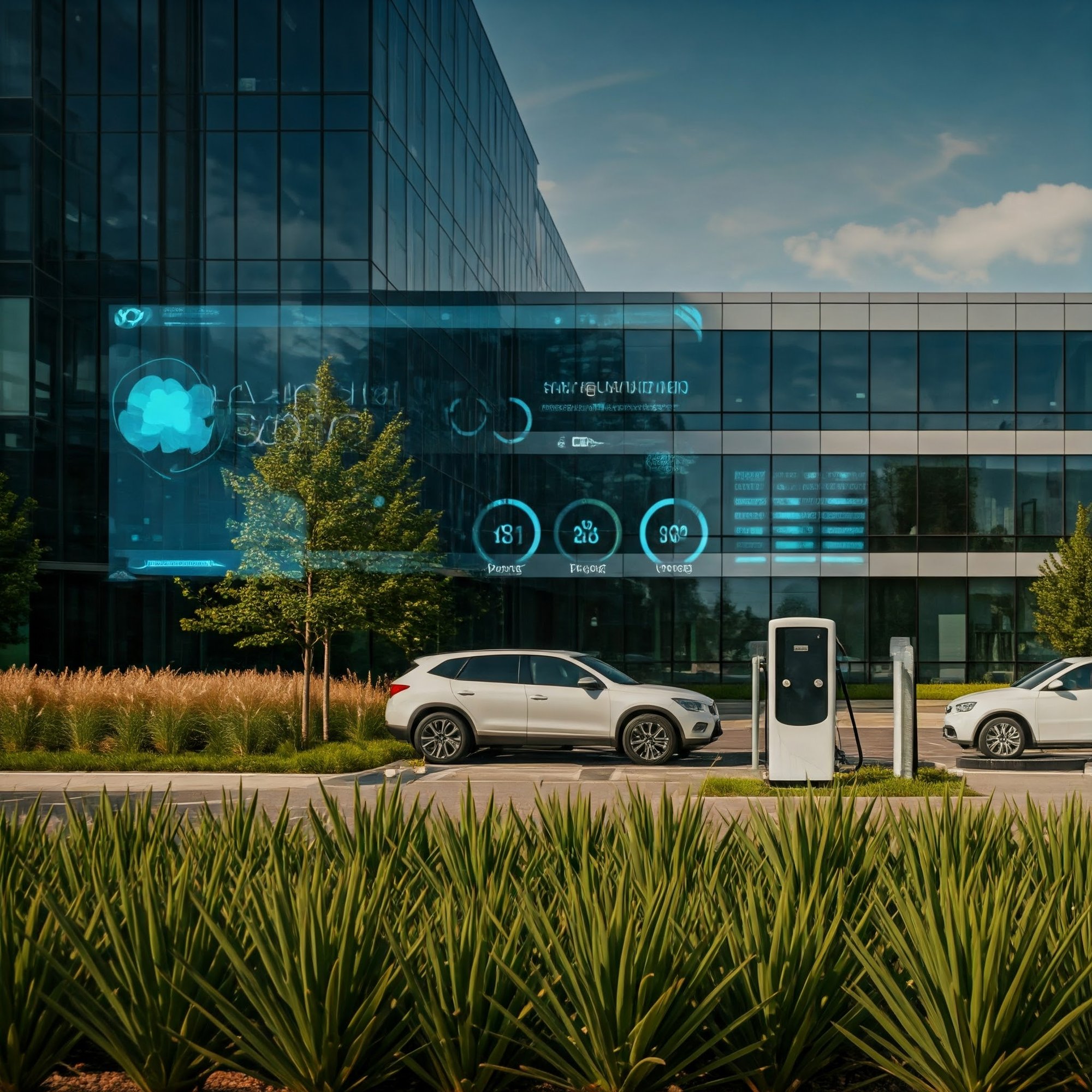 An image showcasing the concept of a stronger brand image driven by AI for sustainability. The scene features a modern, eco-friendly business setting with lush greenery, solar panels, and wind turbines in the background. A digital interface overlays the environment, displaying AI-driven analytics like carbon footprint reduction and sustainability metrics. The mood is innovative and forward-thinking, emphasizing the harmony between technology and environmental responsibility.