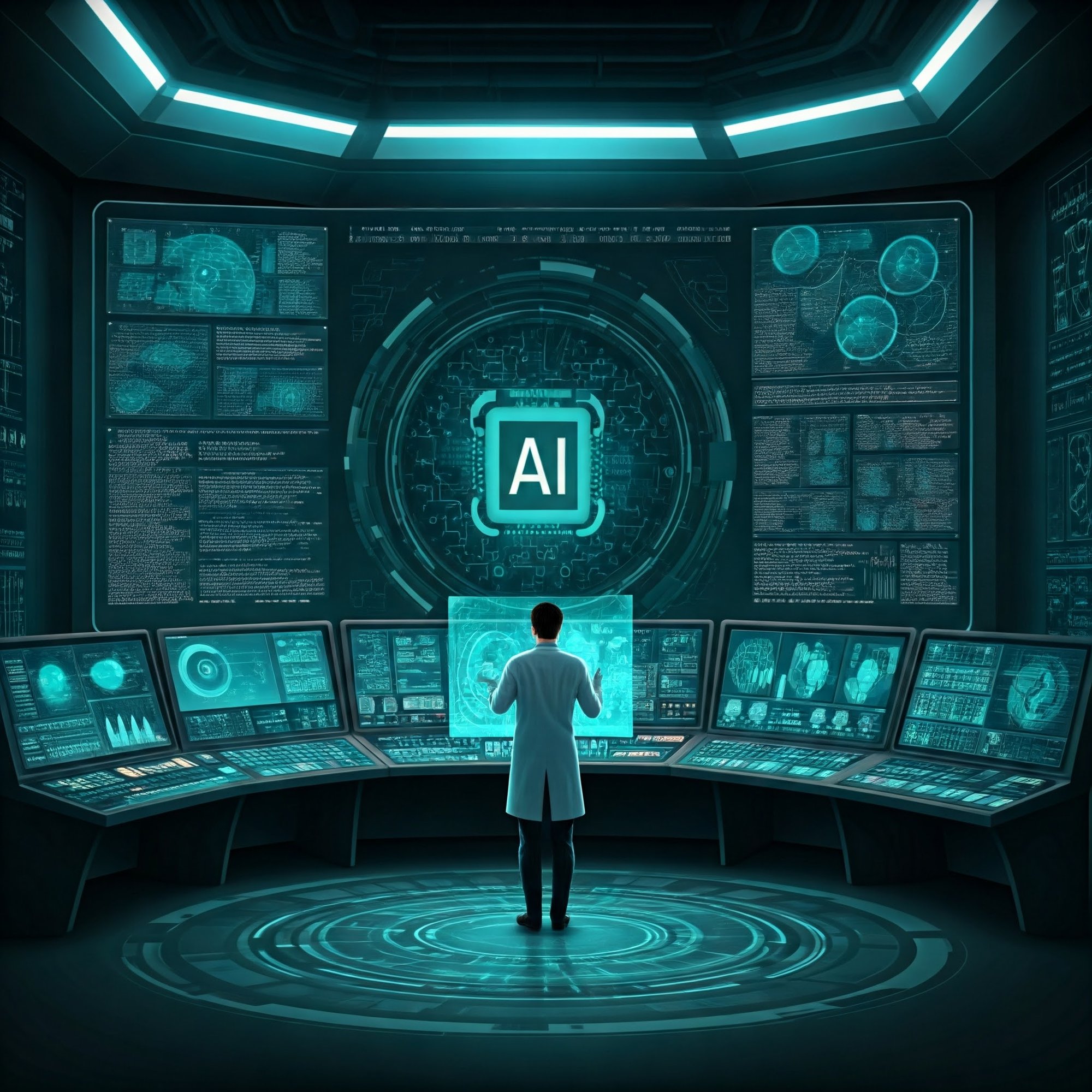  a digital network with interconnected nodes, symbolizing complex challenges being solved through AI, such as a futuristic control center with AI-driven elements working in tandem with human decision-makers.