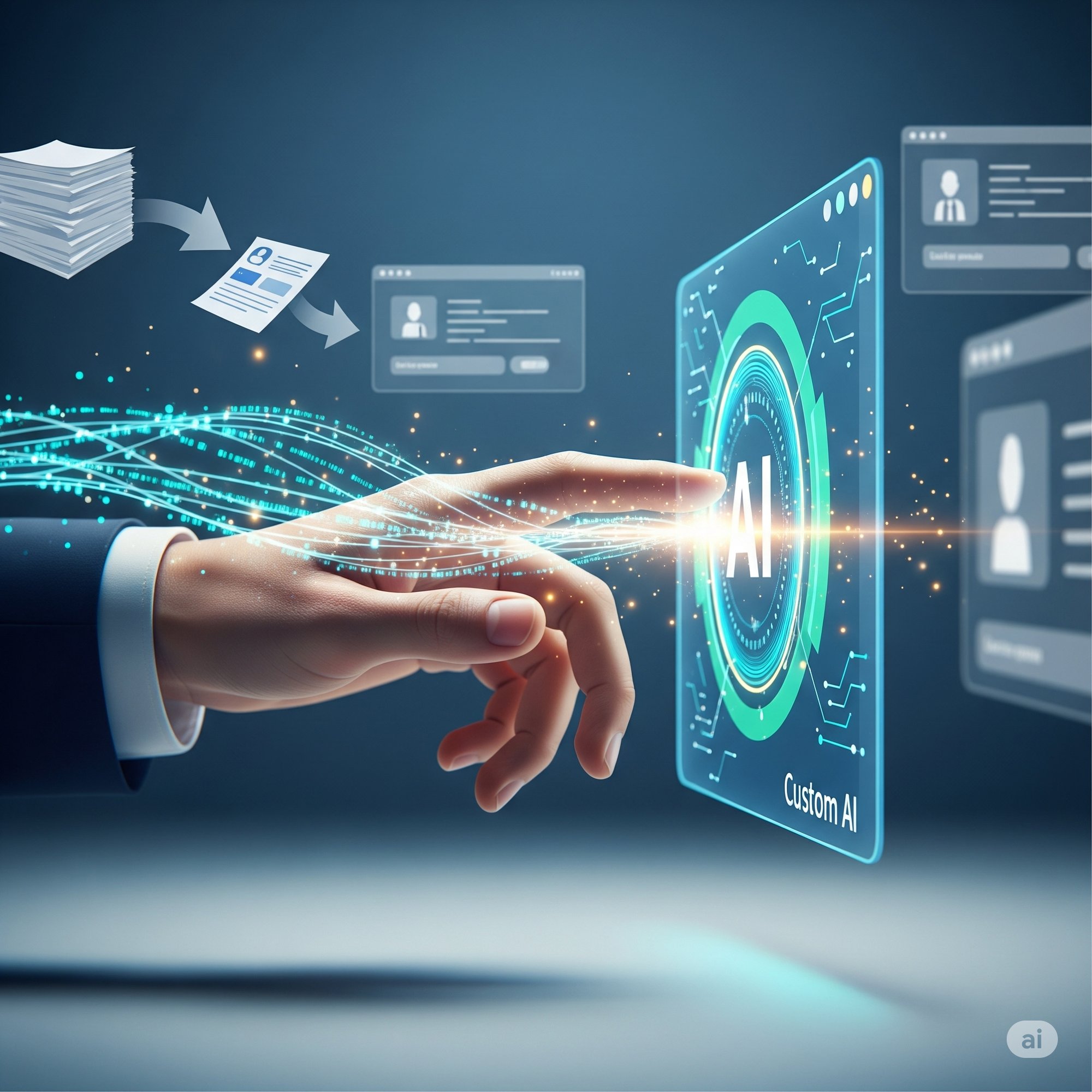 an illustration of a human hand interacts with a glowing "Custom AI" interface, visually representing human-AI collaboration and AI automation. Data streams flow between the hand and the digital screen, symbolizing business efficiency, digital transformation, and workflow optimization through the automation of repetitive tasks.