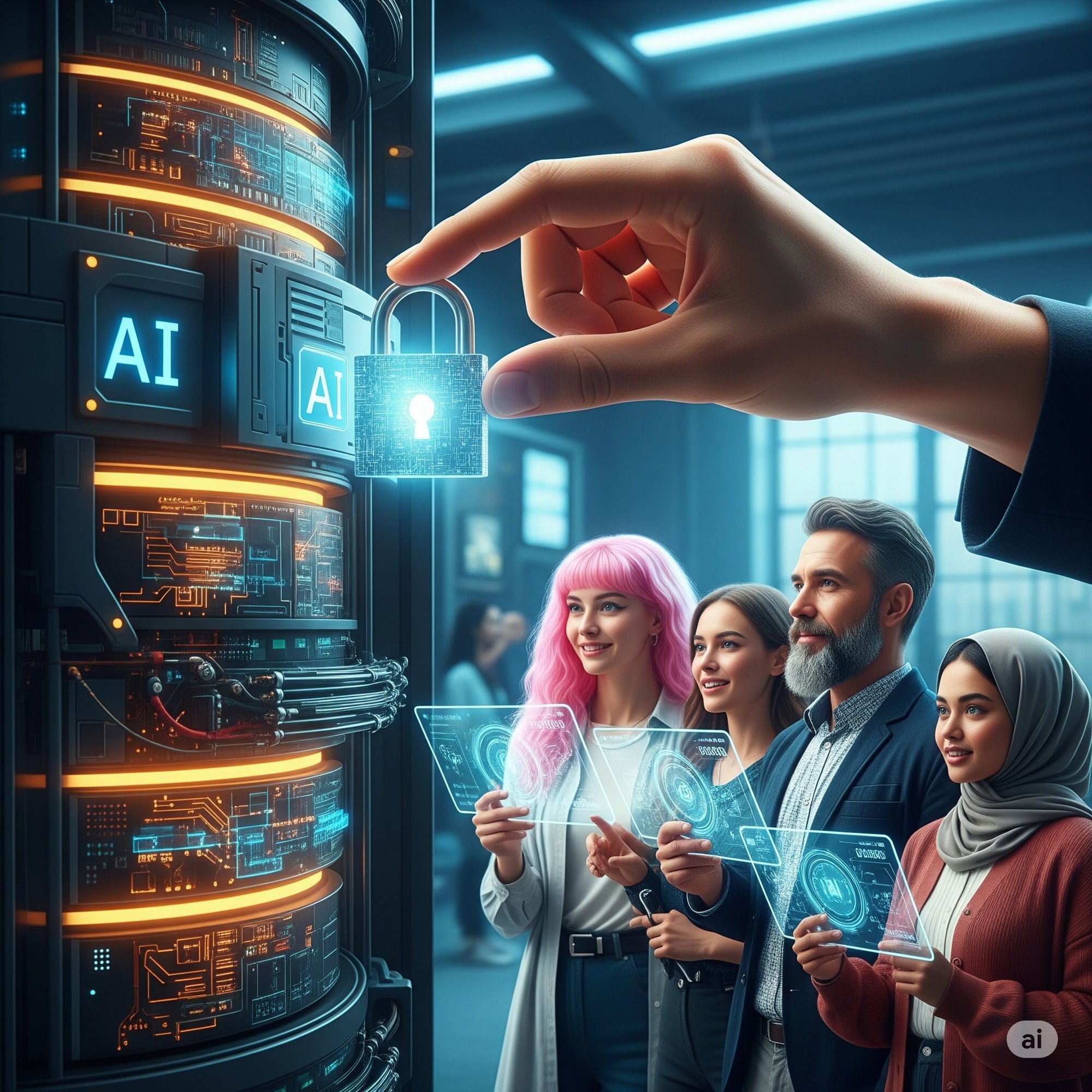 A hand (either human or robotic, but conveying care) gently placing a digital padlock or a glowing security seal onto a larger, intricate AI system or a database server. The background is clean and futuristic, possibly showing a diverse group of people (customers) interacting confidently with AI interfaces in a well-lit, secure environment. The overall feeling is one of responsibility, trust-building, and safeguarding the future. A hand (either human or robotic, but conveying care) gently placing a digital padlock or a glowing security seal onto a larger, intricate AI system or a database server. The background is clean and futuristic, possibly showing a diverse group of people (customers) interacting confidently with AI interfaces in a well-lit, secure environment. The overall feeling is one of responsibility, trust-building, and safeguarding the future.