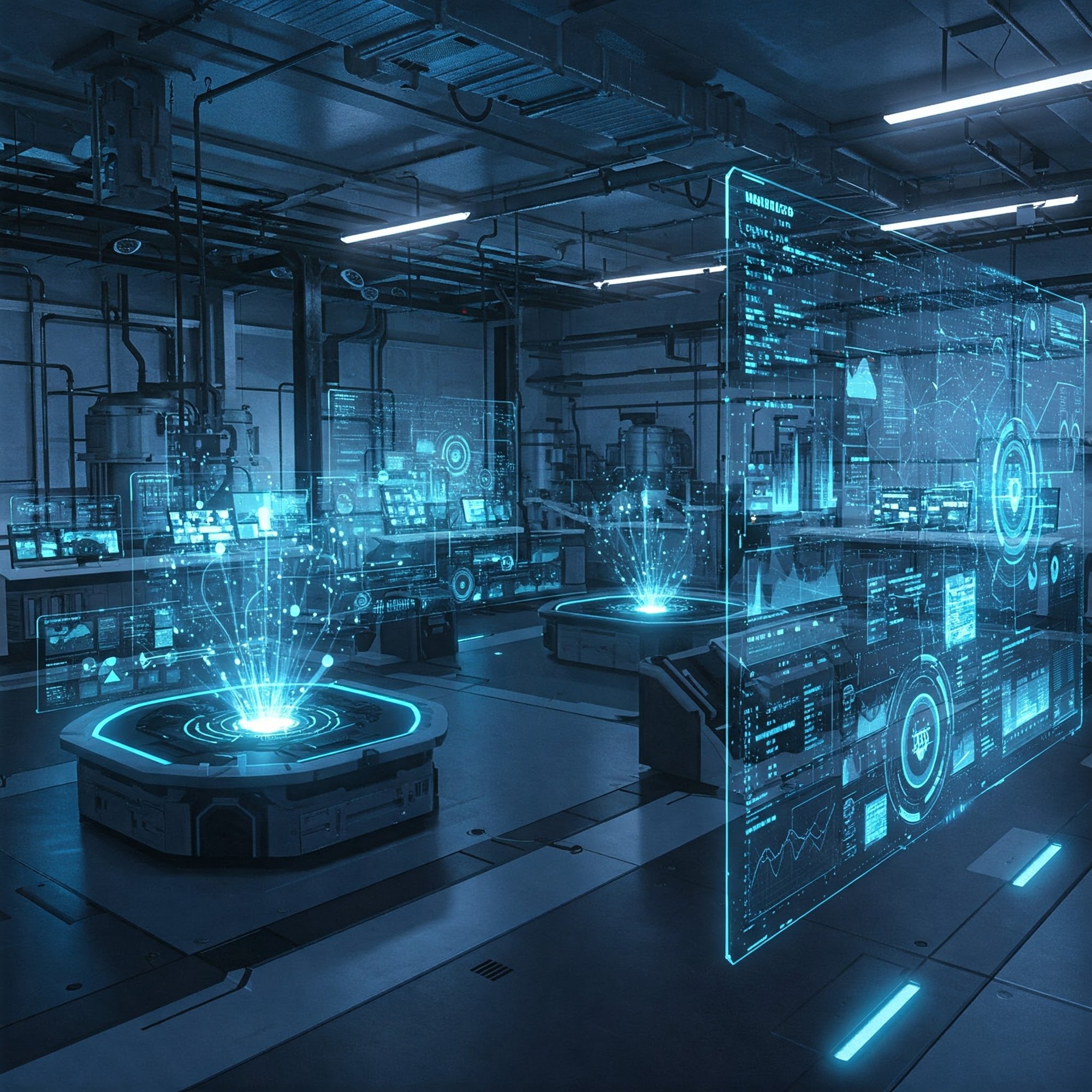 A futuristic business environment with AI-powered systems seamlessly integrating into operations, digital dashboards displaying optimized workflows, and a high-tech control center symbolizing expert AI implementation.