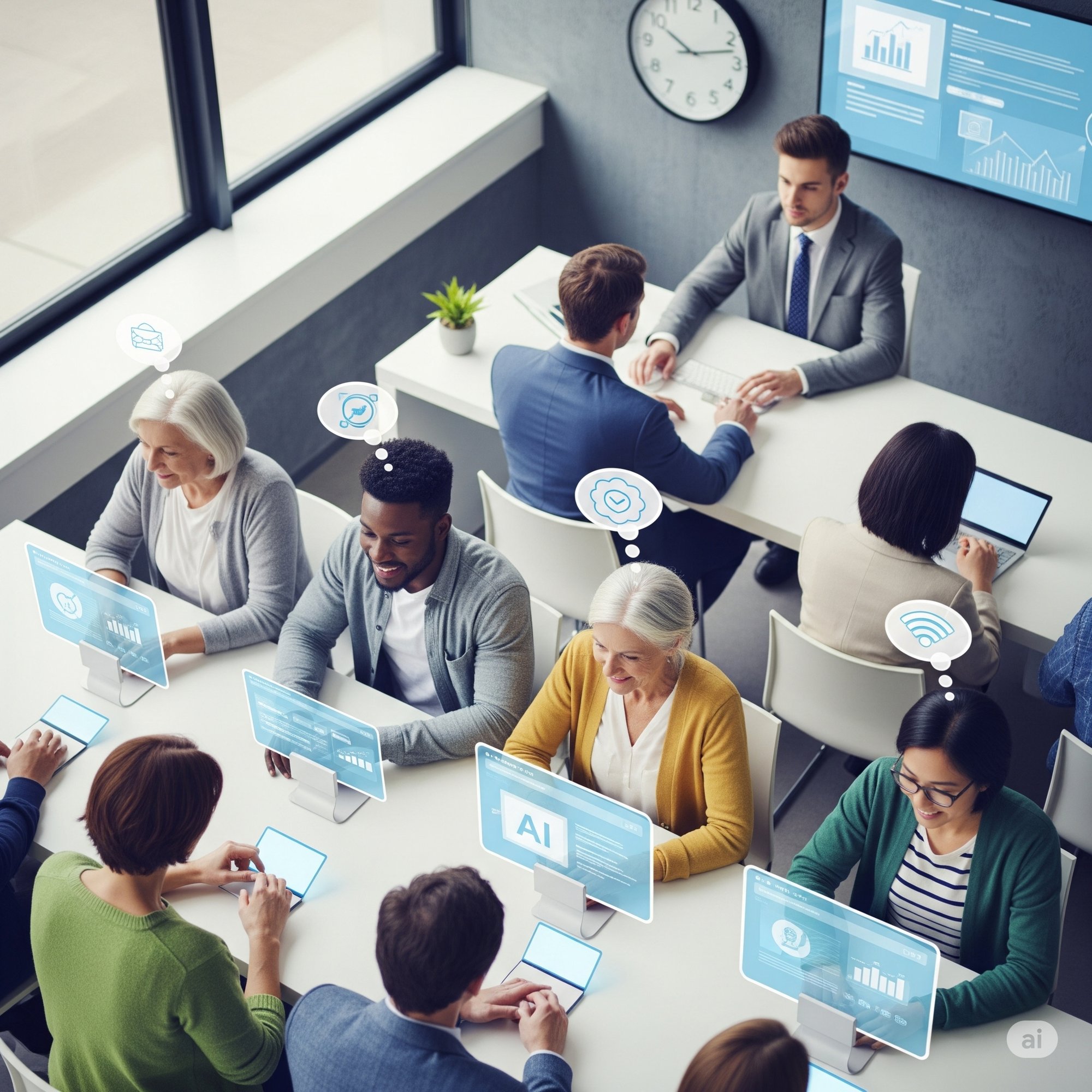 illustration of An overhead shot of a modern office space shows a diverse group of customers, some with glowing screens or thought bubbles indicating AI interaction, while a customer service representative calmly works on a complex issue in the background. illustration of An overhead shot of a modern office space shows a diverse group of customers, some with glowing screens or thought bubbles indicating AI interaction, while a customer service representative calmly works on a complex issue in the background.