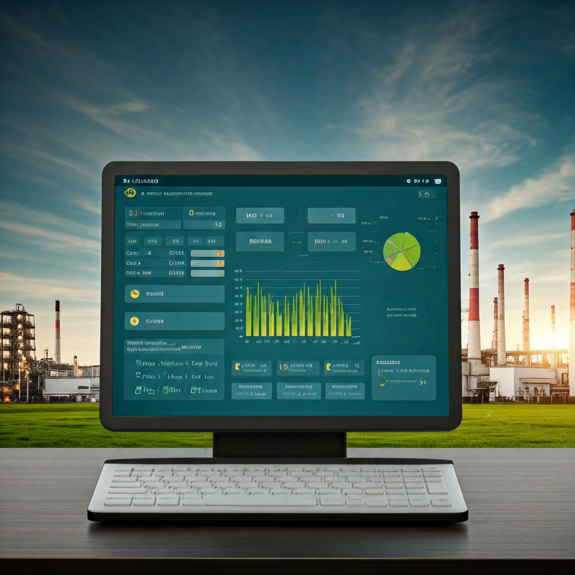 An automated compliance monitoring system visualizing environmental data. The image shows real-time emissions tracking on a digital dashboard with graphs, alerts, and a report generation interface, symbolizing adherence to environmental standards. The background includes a factory and green landscapes to represent sustainability and industrial operations.