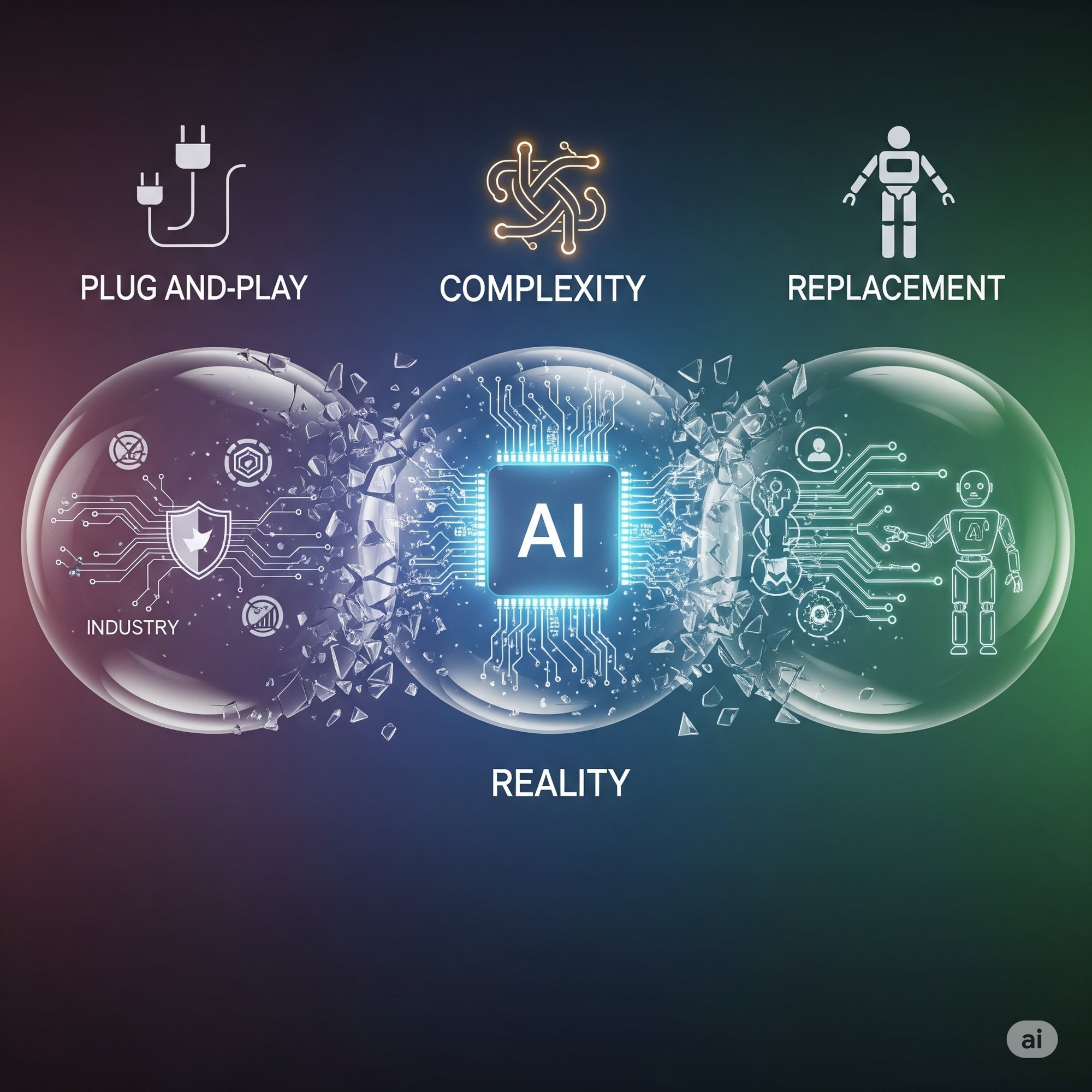 an illustration of a central glowing AI core is shown breaking free from three transparent bubbles. Above each bubble is a myth label: "PLUG AND-PLAY," "COMPLEXITY" (with a tangled icon), and "REPLACEMENT" (with a robot icon). Below the shattering bubbles, corresponding reality icons emerge, showing organized data, clear logic pathways, and human-AI collaboration.