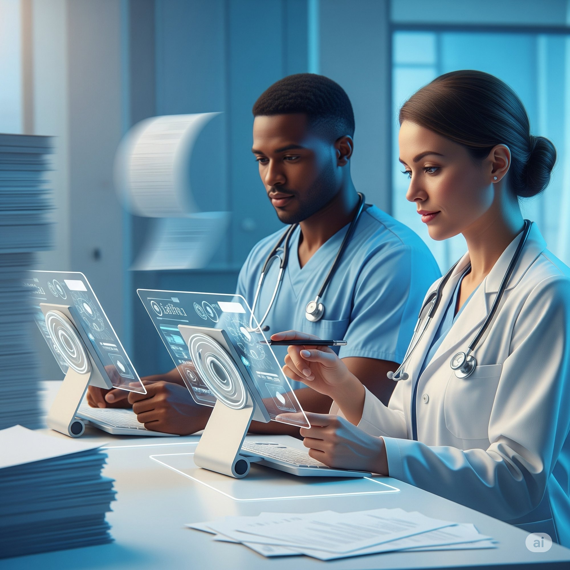 an illustration of A team of diverse, calm, and confident healthcare professionals (a male nurse and a female doctor) are actively using sleek, futuristic transparent tablets with holographic interfaces. They are focused, with soft, vibrant lighting illuminating the scene. Stacks of paper are subtly motion-blurred in the background, symbolizing reduced administrative tasks. The image is 3D, photographic, and reflects a modern, efficient healthcare environment. an illustration of A team of diverse, calm, and confident healthcare professionals (a male nurse and a female doctor) are actively using sleek, futuristic transparent tablets with holographic interfaces. They are focused, with soft, vibrant lighting illuminating the scene. Stacks of paper are subtly motion-blurred in the background, symbolizing reduced administrative tasks. The image is 3D, photographic, and reflects a modern, efficient healthcare environment.