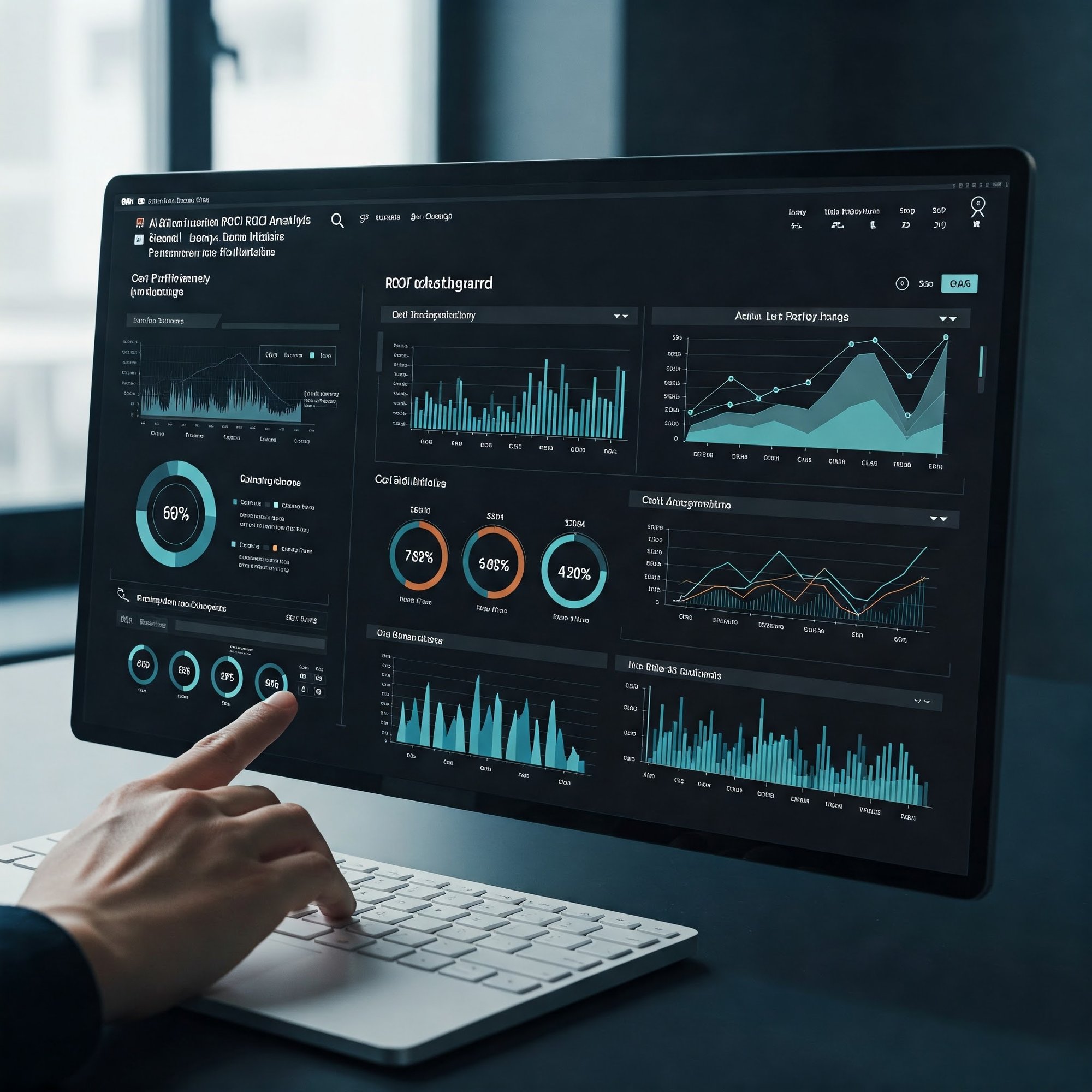 Advanced digital dashboard showcasing AI-driven ROI analysis, cost efficiency, performance metrics, and business impact insights.