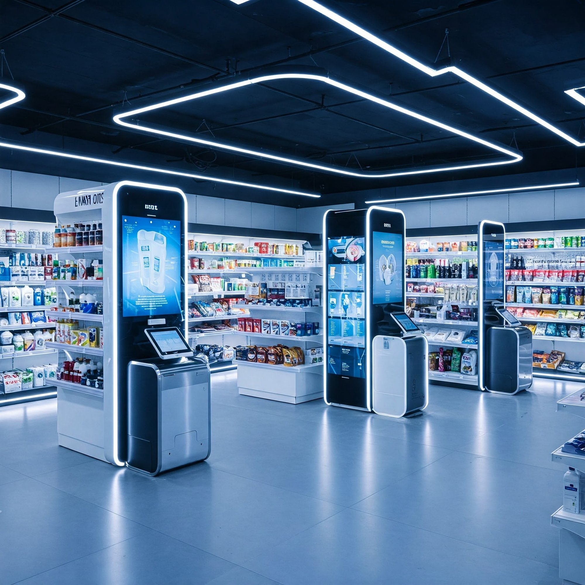 A futuristic retail store with AI-powered digital screens recommending products, smart shelves adjusting inventory in real-time, and a seamless checkout experience with automated scanning. A dynamic and data-driven environment showcasing personalization and efficiency.