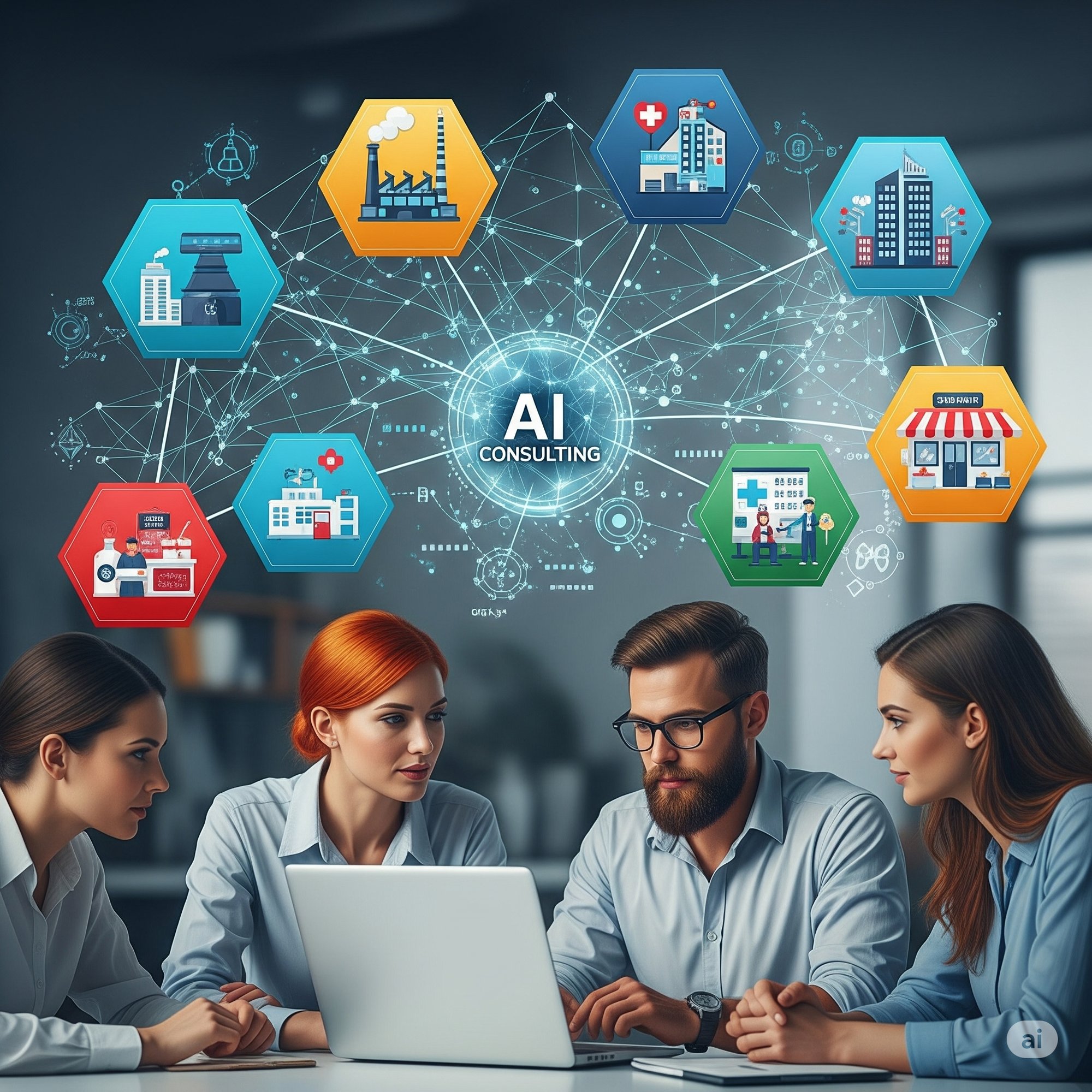 AI consulting solutions across multiple industries: manufacturing, healthcare, smart cities, and retail, with a team collaborating on a laptop.