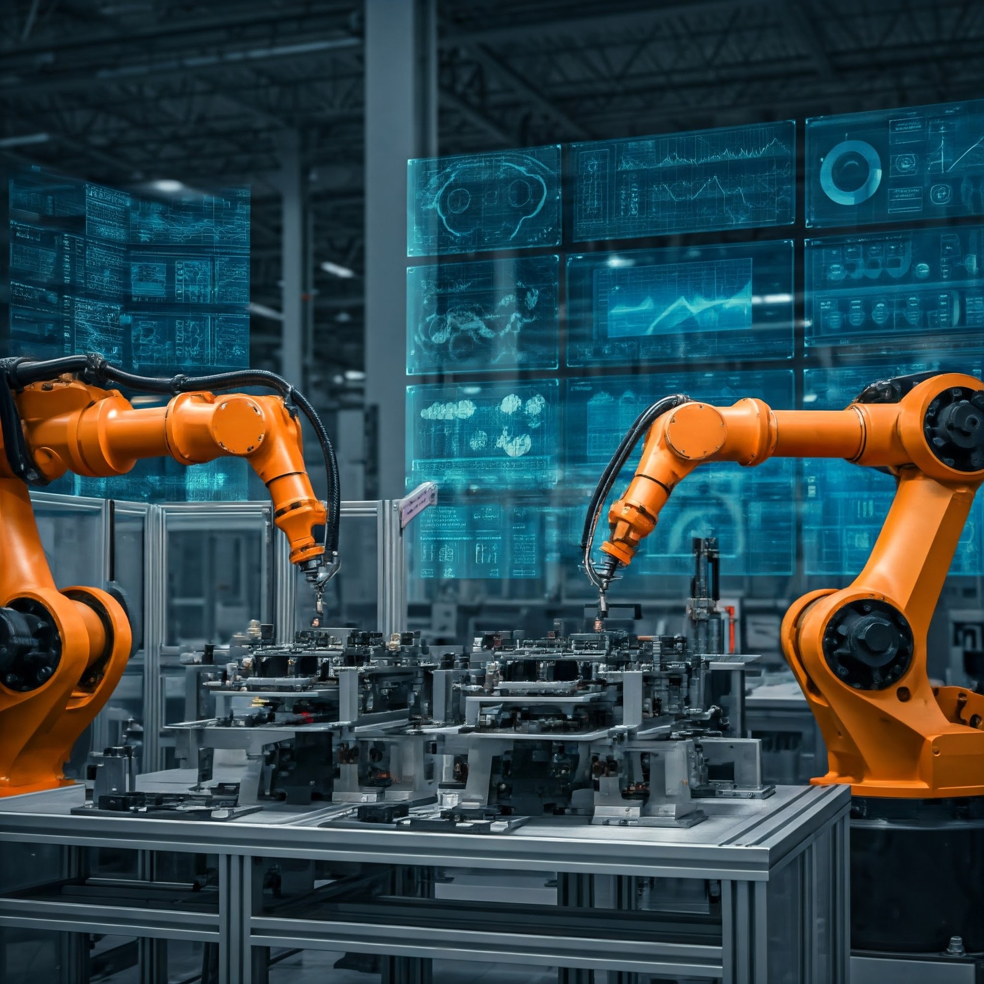 An advanced factory utilizing AI to predict demand for smartphone components, with optimized production schedules and seamless workflows, reducing idle time. The scene includes robotic arms assembling components, digital screens displaying data analytics, and a futuristic, efficient atmosphere.
