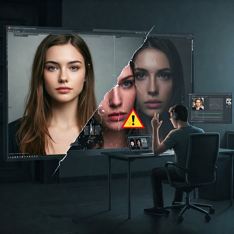 A digital art-style scene of a modern AI image generation tool struggling to edit a photorealistic picture—half the image looks polished, while the other half is distorted or inconsistent. A frustrated user at their desk is comparing it to a Photoshop window, showing precise edits. Include subtle symbols of limitations: inconsistent faces, broken transparent background, and an image of a celebrity blocked by a warning icon