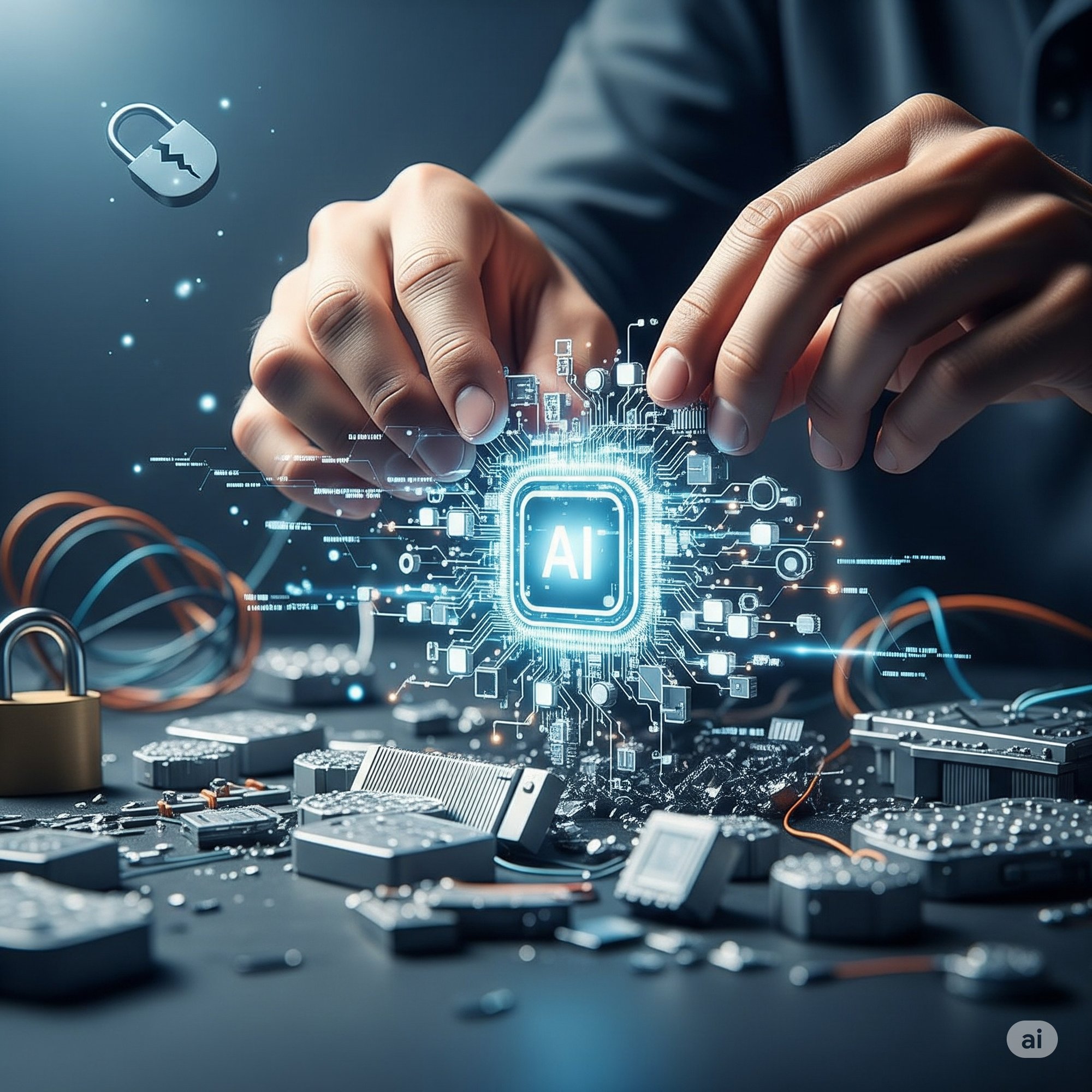 A visually striking close-up of hands, illuminated by the bright blue glow of an intricate AI processing unit they are actively assembling or repairing. The glowing circuit, detailed with numerous connections and a central "AI" text, is surrounded by various electronic components. In the soft-focus background, a visibly broken padlock and scattered wires serve as subtle visual cues, representing security and integration challenges that are now being addressed. The overall tone is one of focus, progress, and the successful resolution of complex technological hurdles, set against a dark, subtle background with cool blue and silver tones dominating. A visually striking close-up of hands, illuminated by the bright blue glow of an intricate AI processing unit they are actively assembling or repairing. The glowing circuit, detailed with numerous connections and a central "AI" text, is surrounded by various electronic components. In the soft-focus background, a visibly broken padlock and scattered wires serve as subtle visual cues, representing security and integration challenges that are now being addressed. The overall tone is one of focus, progress, and the successful resolution of complex technological hurdles, set against a dark, subtle background with cool blue and silver tones dominating.