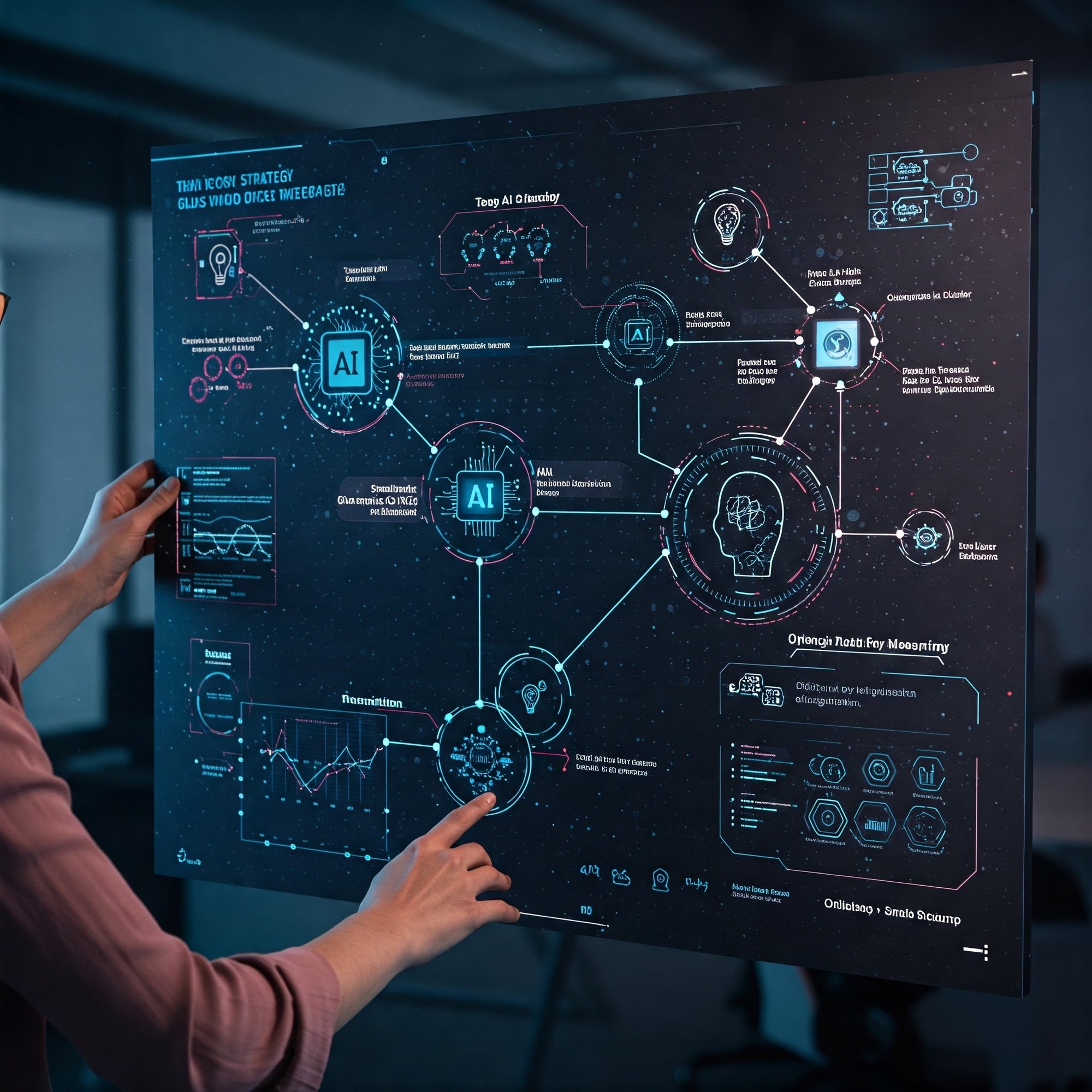 A high-tech digital strategy board with interconnected AI-driven components, data flow visualizations, and a roadmap guiding towards optimized business success with AI integration.