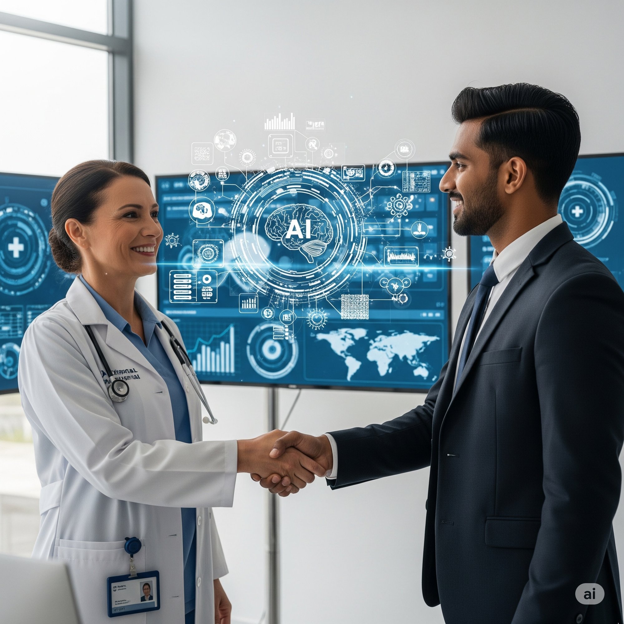 Business partnership handshake for AI healthcare solutions, symbolizing collaboration in medical technology, predictive analytics, and healthcare automation