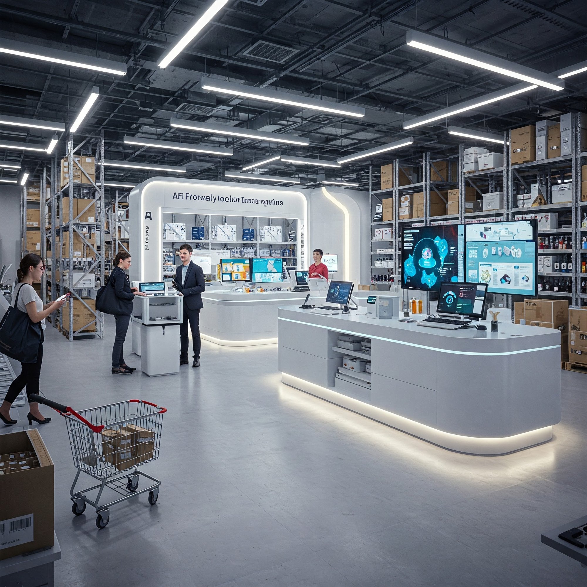 Futuristic retail and e-commerce environment with AI-driven analytics, automated inventory management, and personalized product recommendations enhancing business growth.