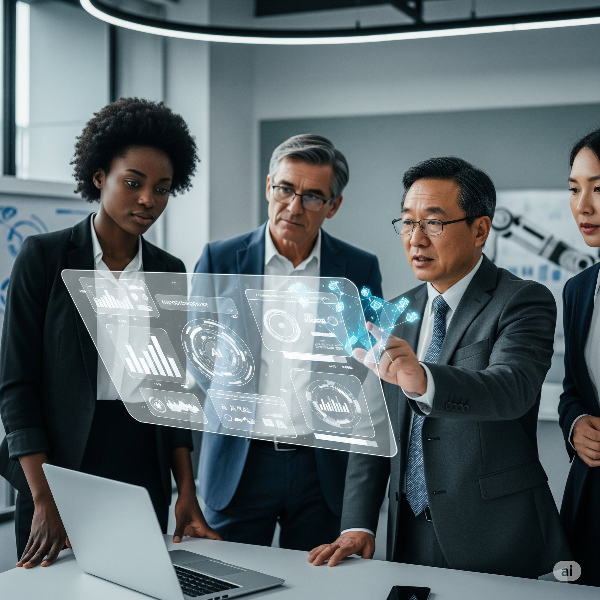 illustration of a diverse group of four business executives in a modern office, two men and two women, are gathered around a table. One man, wearing a suit, points at a translucent, holographic screen displaying various AI-driven charts, graphs, and data visualizations. A laptop is open on the table in front of them. In the background, a robotic arm is subtly visible, hinting at automation. The overall image conveys a sense of strategic decision-making and business transformation.