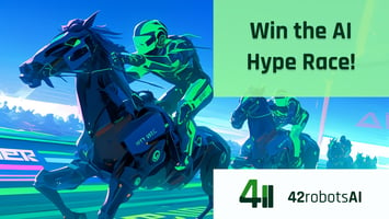 Futuristic illustration of robotic horse riders racing, symbolizing competition in AI development within the AI hype cycle. Features the text 'Win the AI Hype Race!' and the 42robots AI logo.