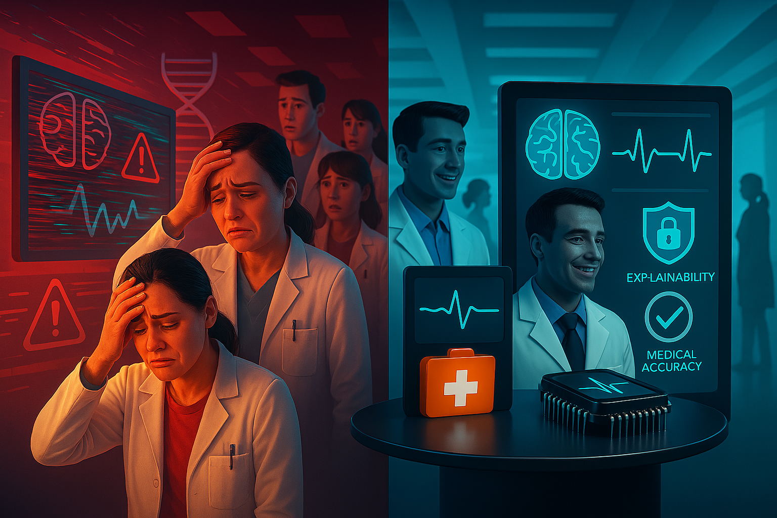 3D split-screen hospital image: chaotic AI scene with glitches and alerts on the left, efficient custom AI interface integrated with EHR on the right. Icons highlight data security, explainability, and accuracy. 3D split-screen hospital image: chaotic AI scene with glitches and alerts on the left, efficient custom AI interface integrated with EHR on the right. Icons highlight data security, explainability, and accuracy.