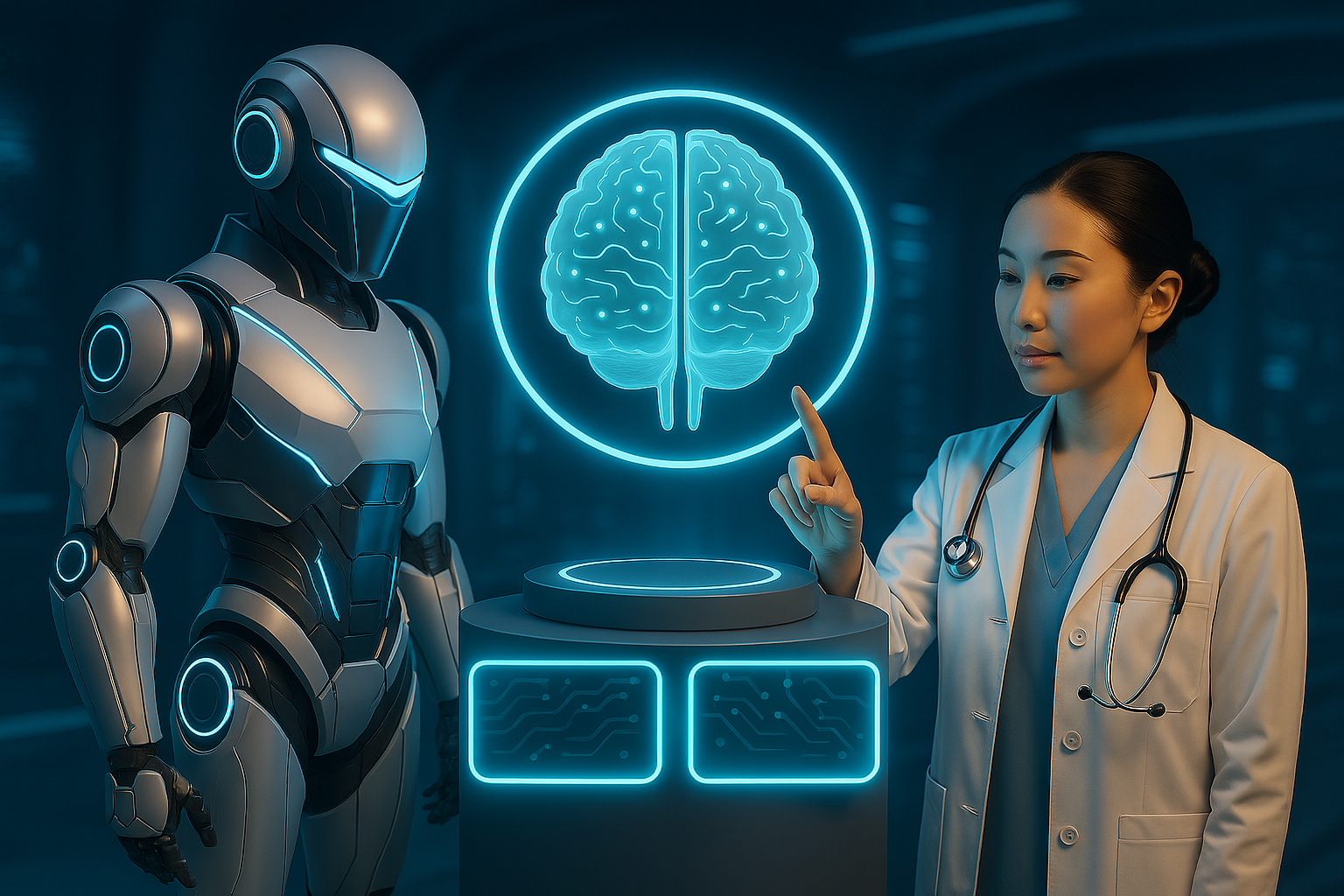 Futuristic 3D scene of a sleek, humanoid AI robot interacting gently with a patient in a high-tech medical facility, symbolizing the integration of artificial intelligence in modern healthcare innovation and patient care. Futuristic 3D scene of a sleek, humanoid AI robot interacting gently with a patient in a high-tech medical facility, symbolizing the integration of artificial intelligence in modern healthcare innovation and patient care.