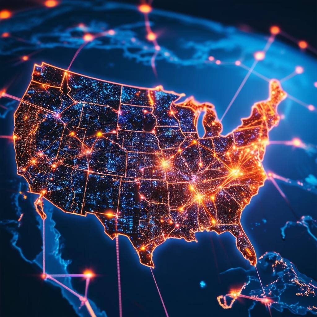 A futuristic map of the USA with glowing AI network connections linking major cities, symbolizing AIpowered business optimization across industries