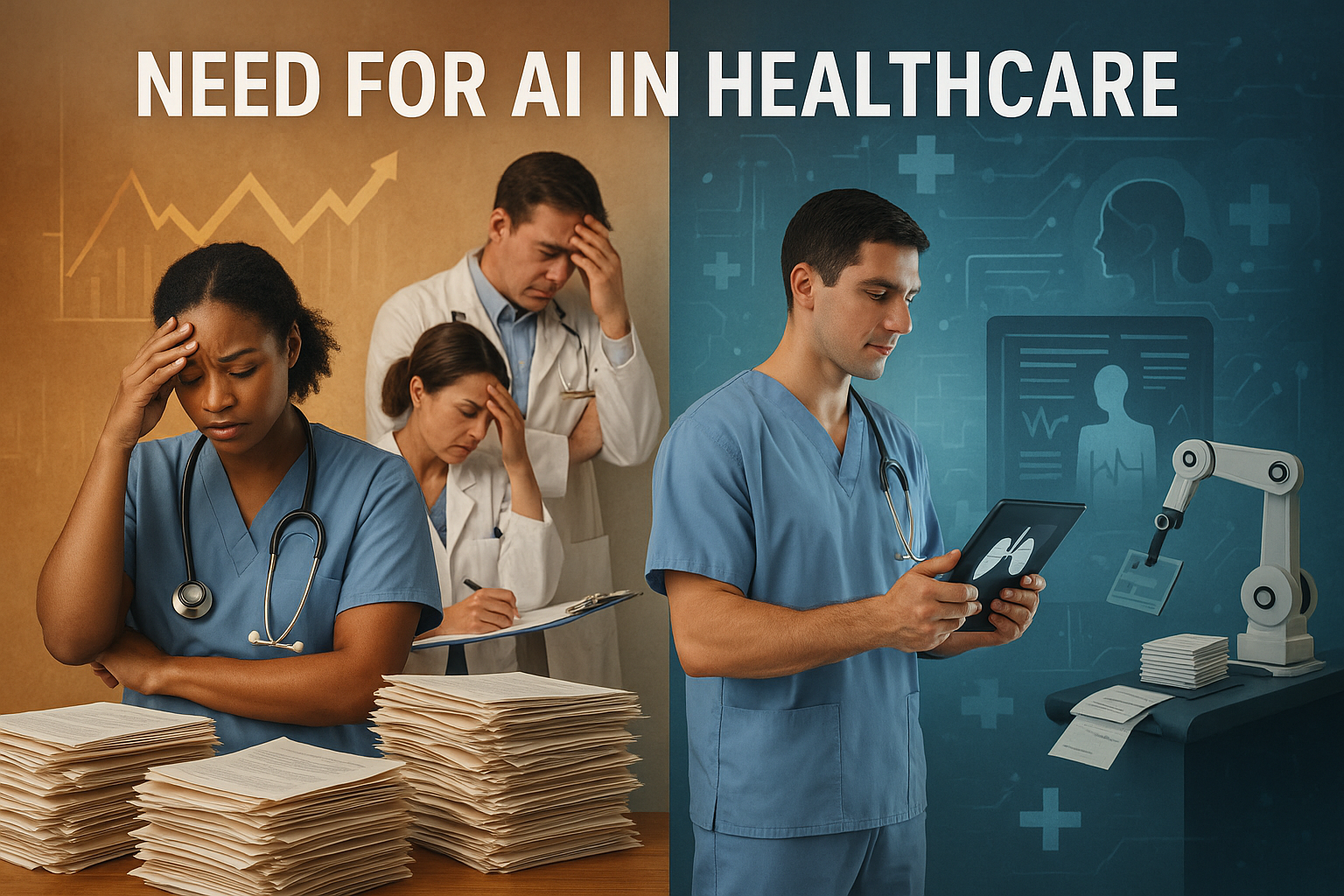 Illustration showing the urgent need for AI in healthcare: overwhelmed doctors with paperwork and rising costs on the left, contrasted with AI-powered solutions like digital diagnostics and predictive analytics on the right.