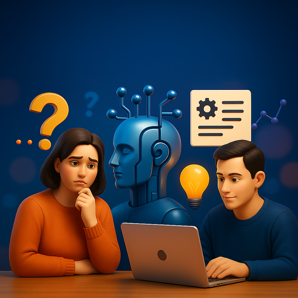 3D-rendered illustration of a woman looking concerned with a question mark above her head, a humanoid AI robot in the center, and a man working confidently on a laptop with a glowing lightbulb above him, set against a deep blue background with icons representing AI strategy and data.