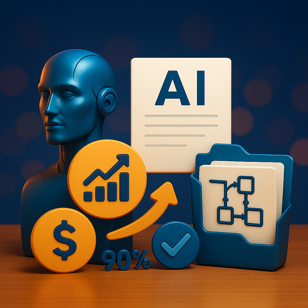 Photorealistic 3D visualization of custom AI integration in enterprise workflows, symbolizing measurable ROI benefits such as faster processes and reduced costs—modern, dynamic, and innovation-driven imagery designed for strategic AI adoption in 2025.