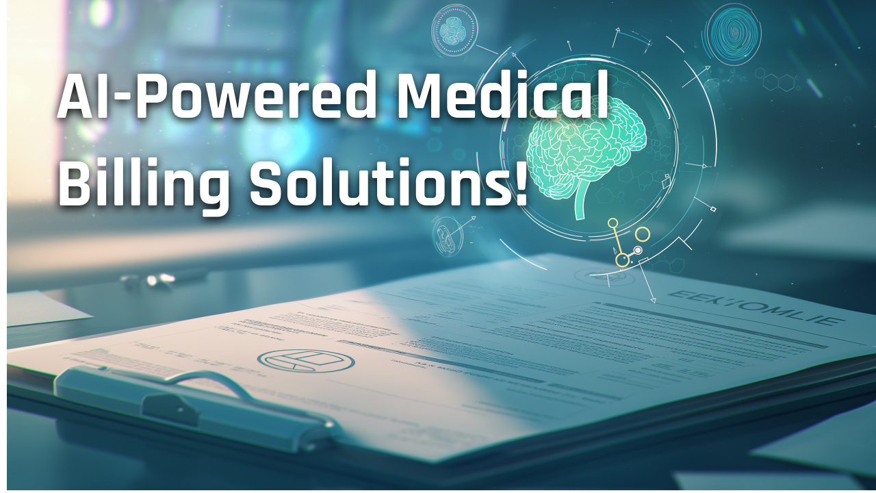 AI-powered medical billing solutions transforming unstructured data processing, shown with a futuristic design of a brain and medical documents, highlighting automation in healthcare data handling.