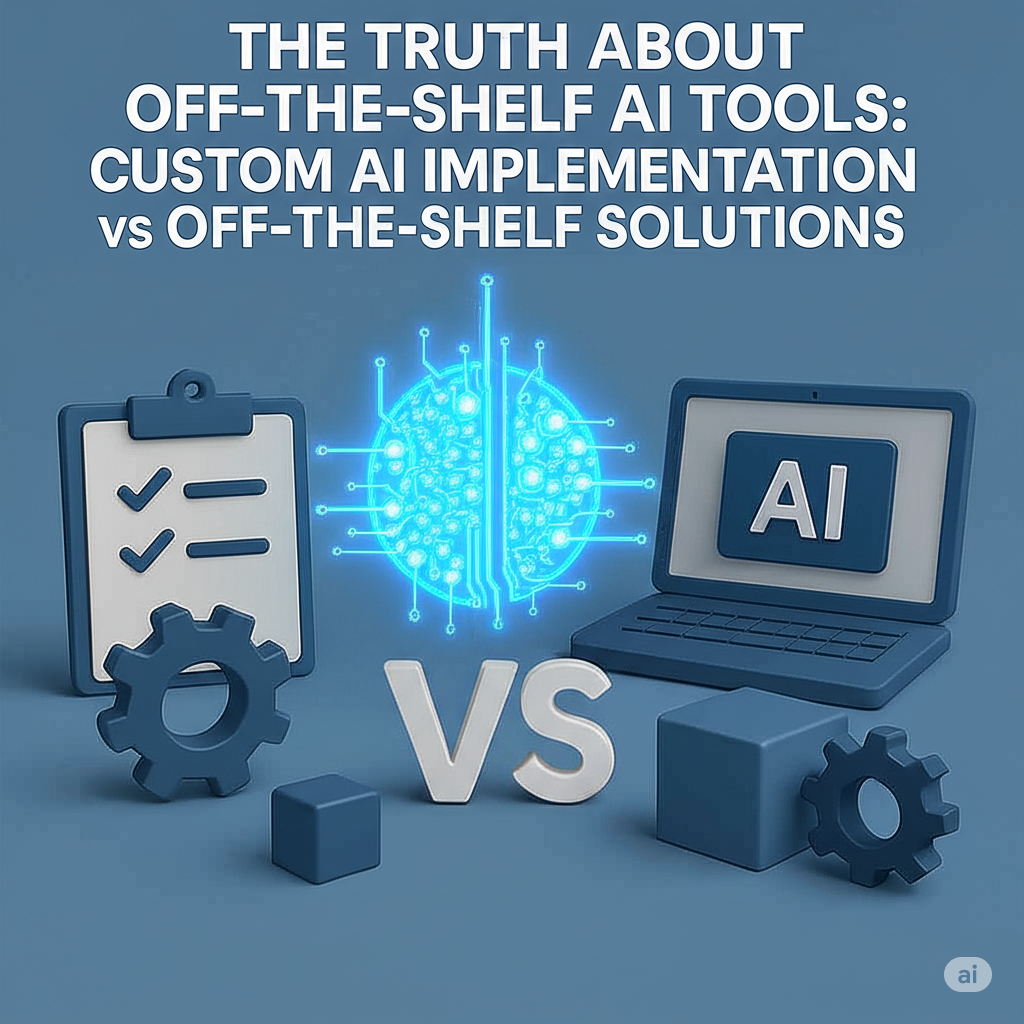 Custom AI implementation vs off-the-shelf solutions, abstract blue and gray AI comparison.