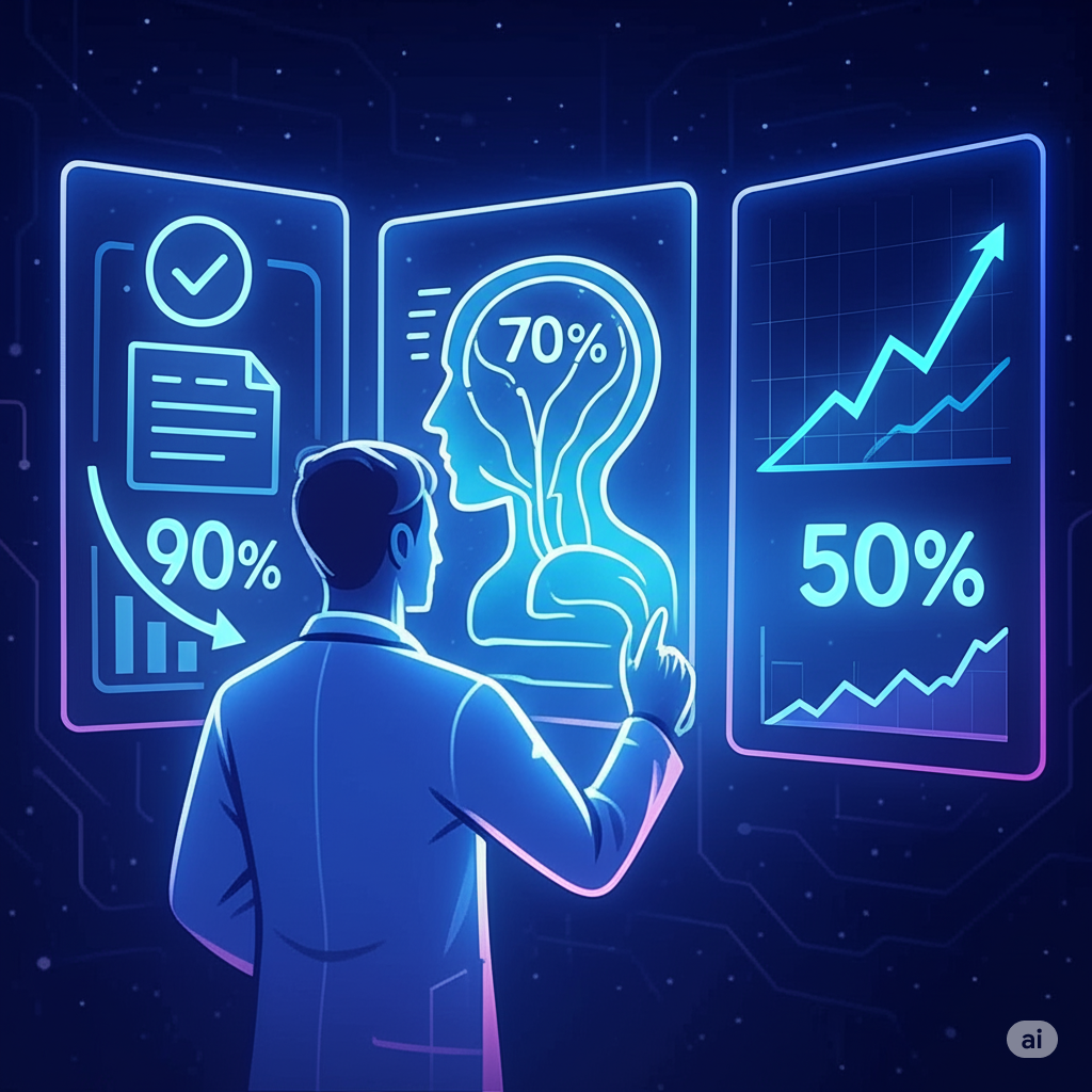 Illustration of a scientist in a futuristic blue-lit lab interacts with three holographic screens displaying data analytics: a document with 90% completion, a brain interface at 70%, and a growth chart at 50%. Illustration of a scientist in a futuristic blue-lit lab interacts with three holographic screens displaying data analytics: a document with 90% completion, a brain interface at 70%, and a growth chart at 50%.