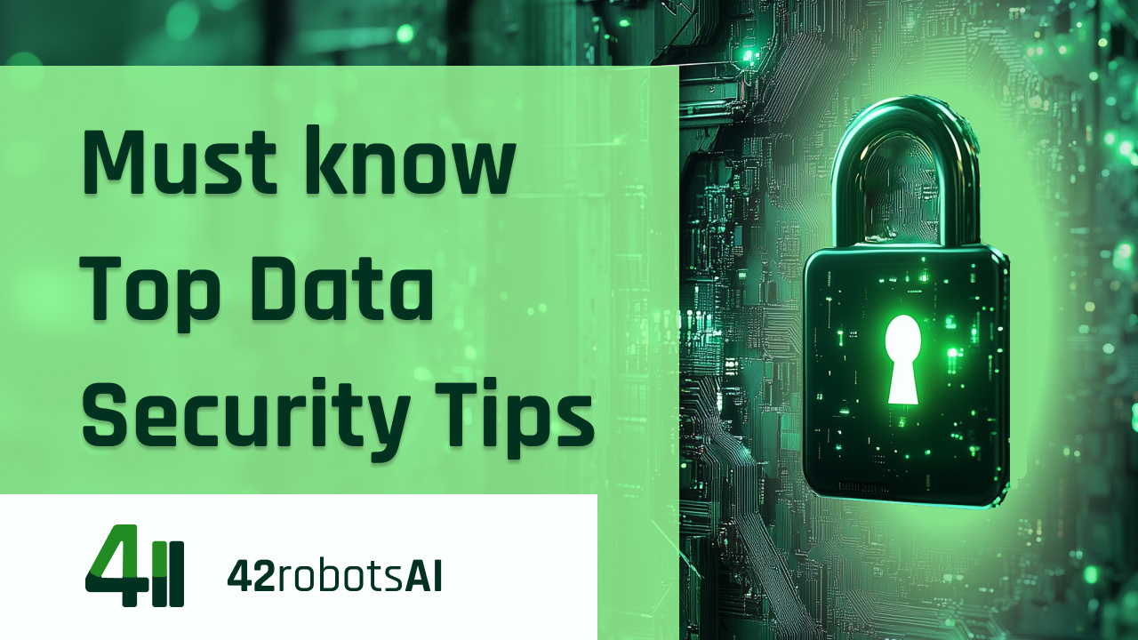 Green padlock on a digital circuit board with 42robotsAI logo, symbolizing AI data security and protection of proprietary data with large language models (LLMs).