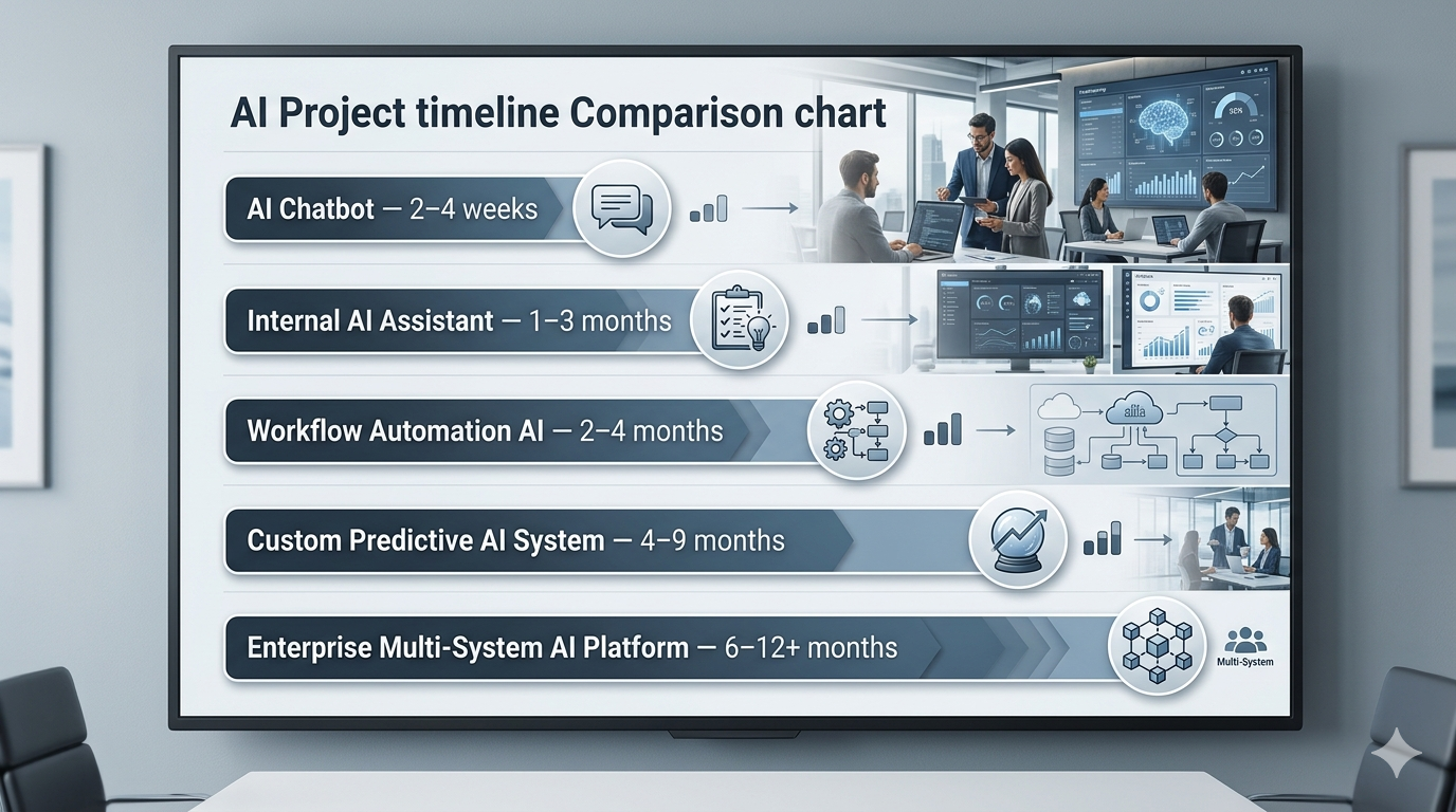 AI development timeline estimates by project type from chatbot to enterprise system