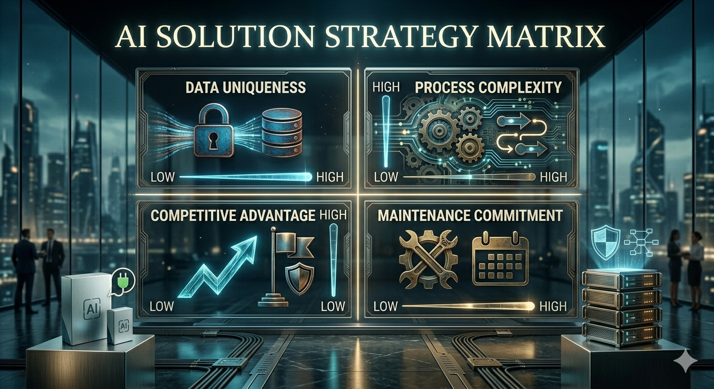 Four criteria decision framework for choosing custom AI solutions: data uniqueness, process complexity, competitive advantage, maintenance commitment
