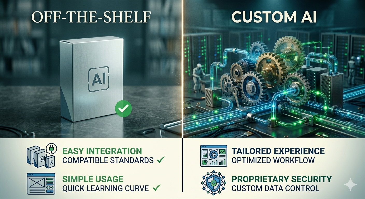 Custom AI vs. off-the-shelf decision: four criteria — data uniqueness, process complexity, competitive advantage, maintenance commitment