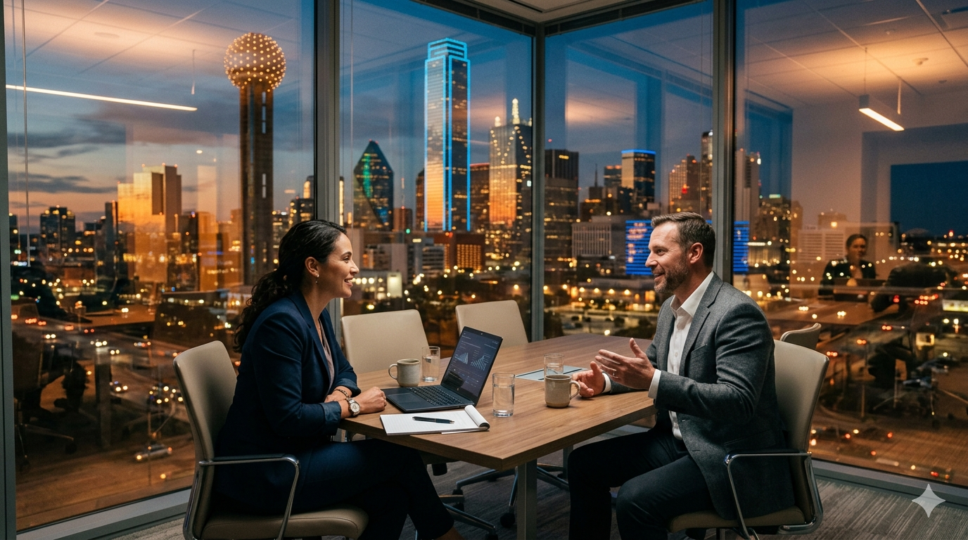 Two professionals reviewing AI consulting proposals at a Dallas office overlooking the city skyline