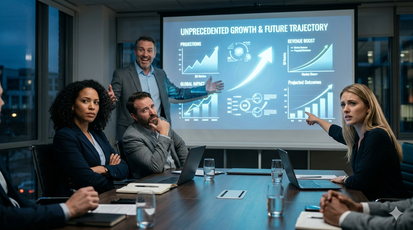 Business professionals in a conference room looking skeptical during a corporate AI sales presentation with an overly polished slide deck on screen