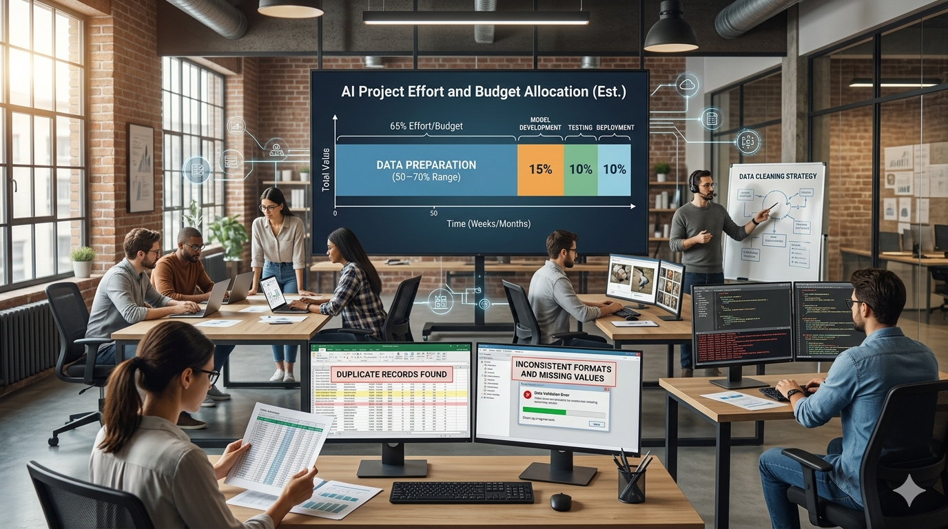 Bar chart showing data preparation consuming 50–70% of AI project time compared to model development and deployment phases