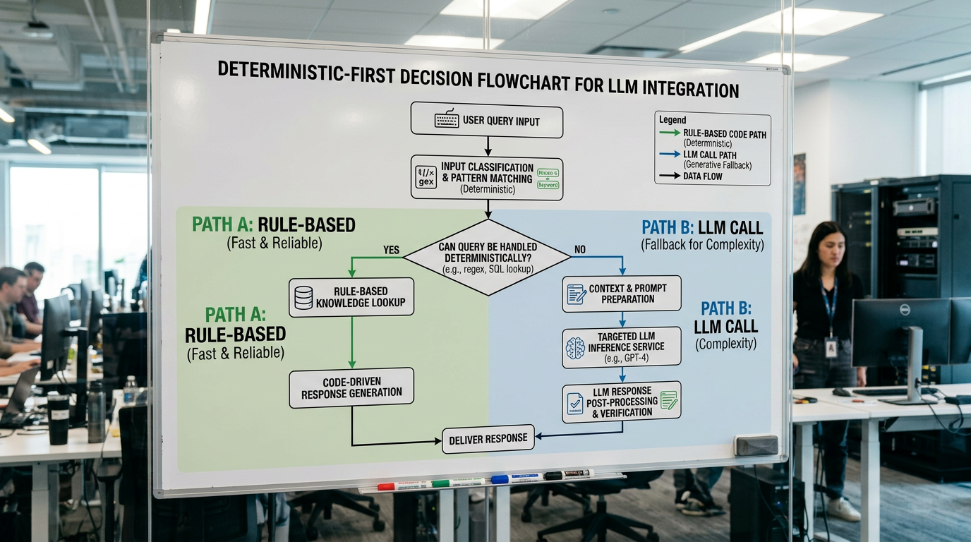 Deterministic-First Decision Flowchart for LLM Integration — Path A: Rule-Based (Fast & Reliable) vs Path B: LLM Call (Fallback for Complexity)