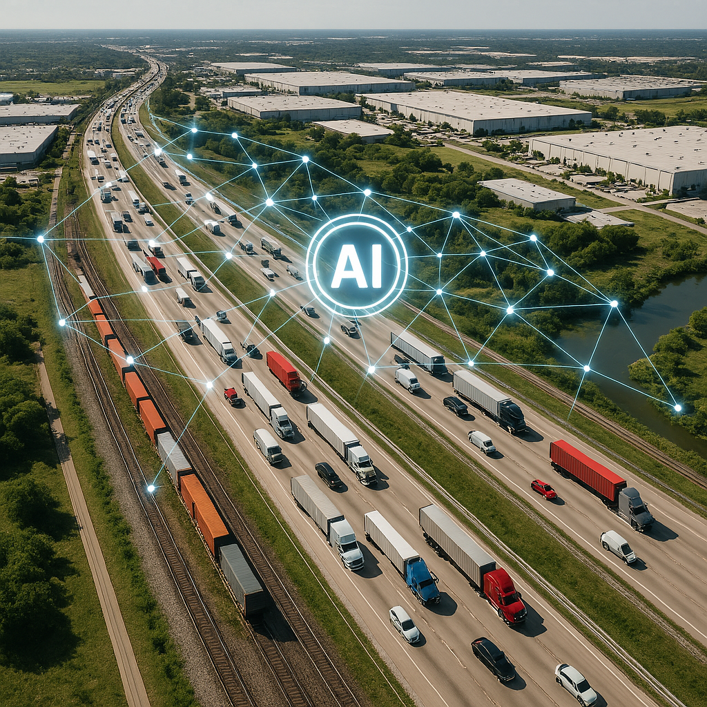 Aerial view of DFW freight corridor representing AI-driven logistics optimization in North Texas