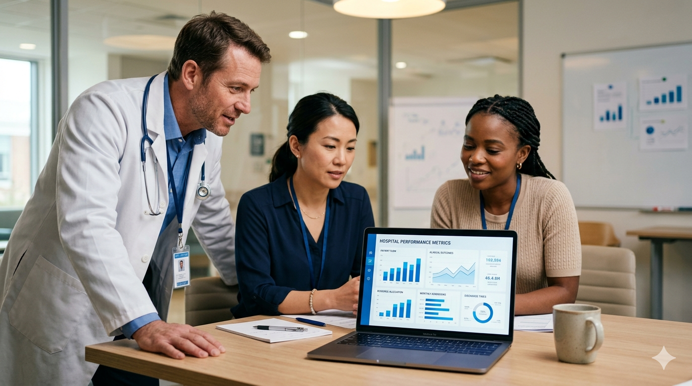Healthcare team reviewing an AI-powered RCM dashboard on a large display in a clinical operations center